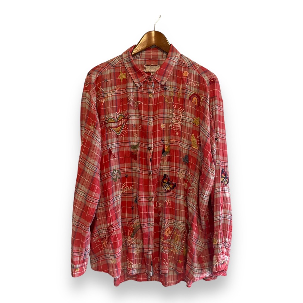 Johnny Was Workshop Red Plaid Embroidered Odine Button Down Shirt XL Oversized